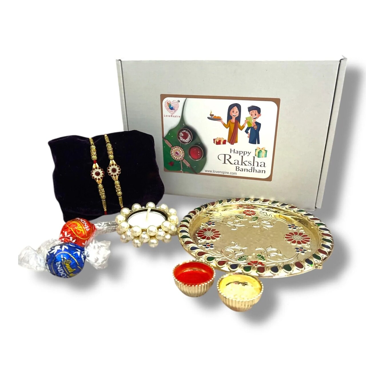 Rakhi Gift Hamper with Gift Box Set of 2 Rakhi with Traditional Puja Plate Roli Chawal Candle Holder - Raksha Bandhan Bracelet Rakhi for Brother Bhai Bhabhi Sister-In-Law